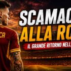 Grafica sportiva dedicata a “Scamacca alla Roma” con Gianluca Scamacca ripreso di spalle in una maglia giallorossa senza loghi ufficiali, grande punto interrogativo dorato sulla schiena, titolo gigante “SCAMACCA ALLA ROMA” e sottotitolo “IL GRANDE RITORNO NELLA CAPITALE?” davanti a uno stadio illuminato al tramonto.