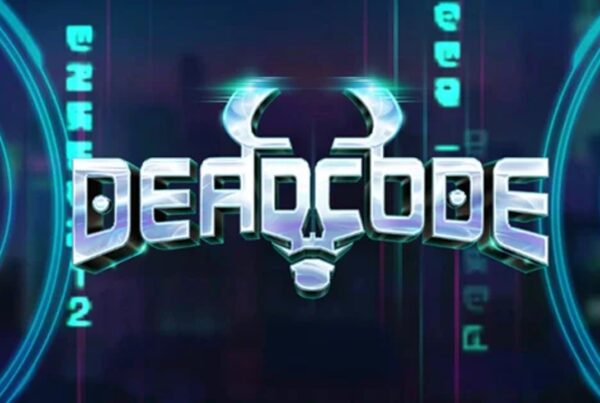 Slot Deadcode con logo cyberpunk e ambientazione futuristica tra neon e tecnologia digitale