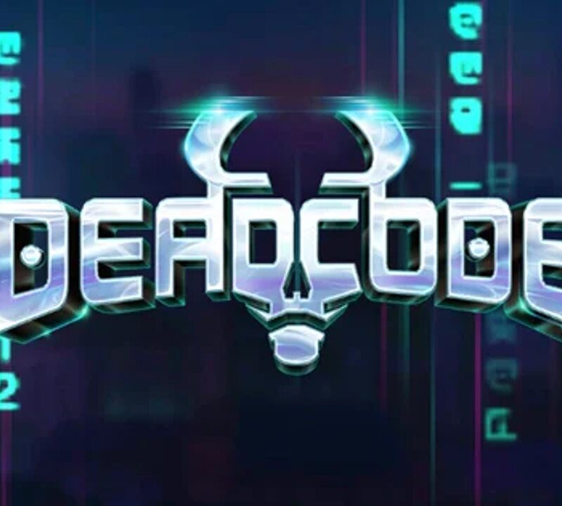 Slot Deadcode con logo cyberpunk e ambientazione futuristica tra neon e tecnologia digitale