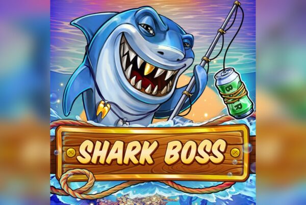 Slot Shark Boss con squalo pescatore, lenza con esca e ambientazione marina nella divertente fishing slot di Red Tiger