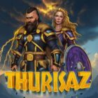 Slot Thurisaz con guerrieri vichinghi, rune nordiche e ambientazione tempestosa tra fulmini e montagne