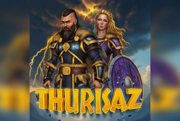 Slot Thurisaz con guerrieri vichinghi, rune nordiche e ambientazione tempestosa tra fulmini e montagne