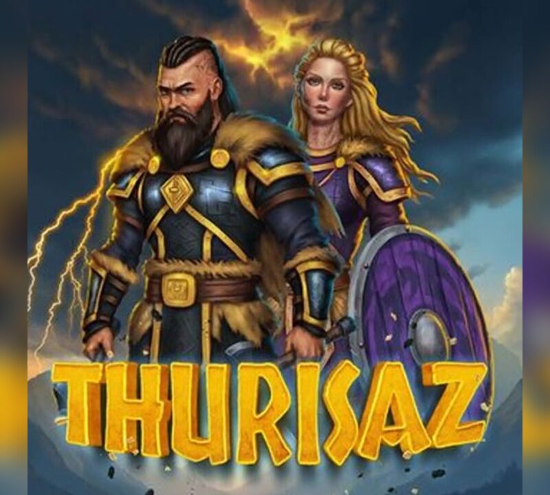 Slot Thurisaz con guerrieri vichinghi, rune nordiche e ambientazione tempestosa tra fulmini e montagne