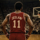 Abdul Jeelani di spalle con maglia rossa numero 11 su un campo da basket, in un'arena gremita durante una partita in stile vintage anni Ottanta.