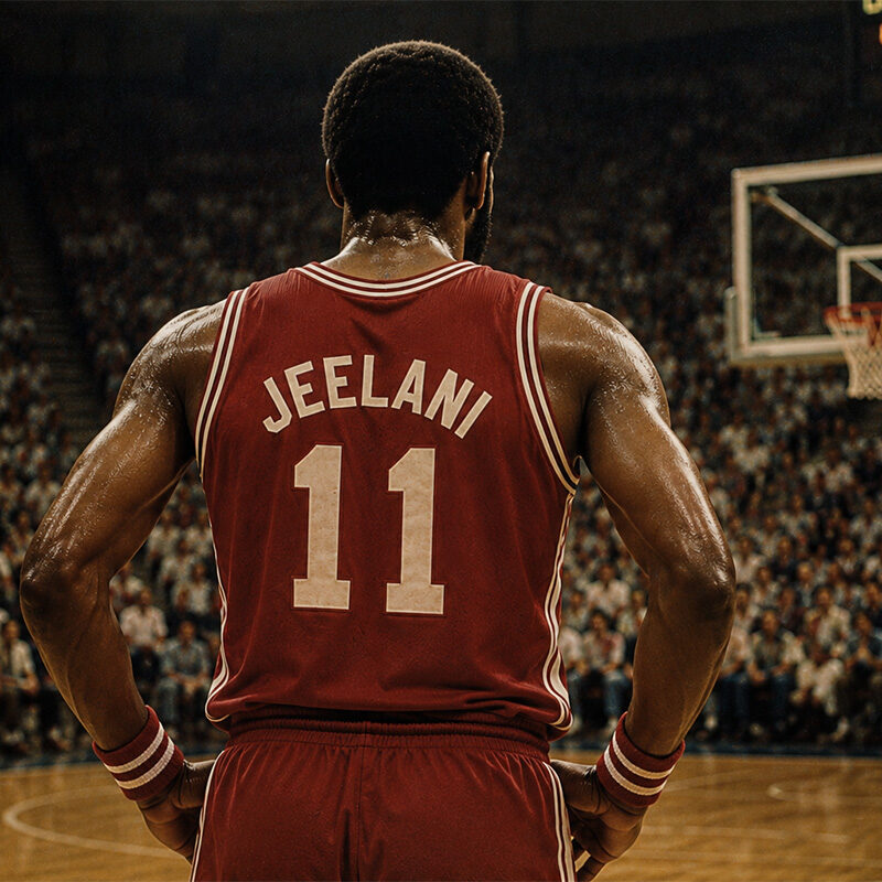 Abdul Jeelani di spalle con maglia rossa numero 11 su un campo da basket, in un'arena gremita durante una partita in stile vintage anni Ottanta.