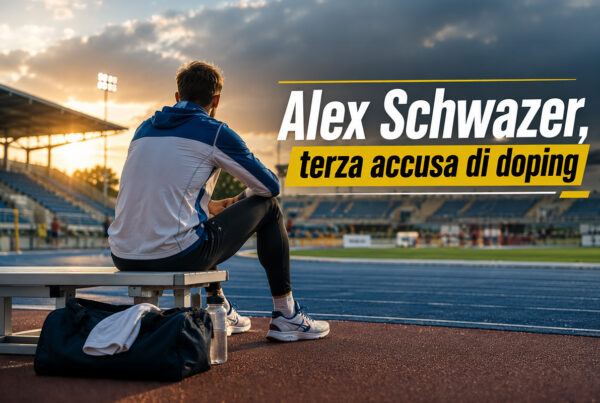 Alex Schwazer seduto di spalle a bordo pista in uno stadio di atletica al tramonto, immagine illustrata che rappresenta il nuovo caso doping e il futuro incerto del marciatore italiano.