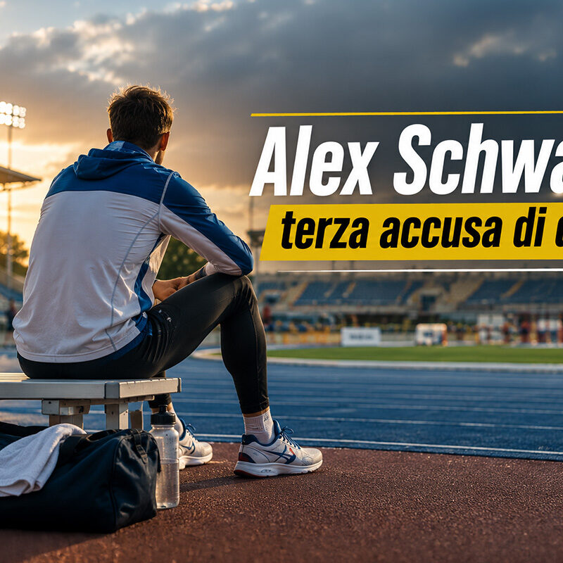 Alex Schwazer seduto di spalle a bordo pista in uno stadio di atletica al tramonto, immagine illustrata che rappresenta il nuovo caso doping e il futuro incerto del marciatore italiano.