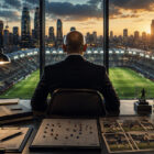 Ali Barat di spalle nel suo ufficio mentre osserva uno stadio di calcio, immagine che rappresenta il lavoro dell'agente sportivo nel calciomercato internazionale.