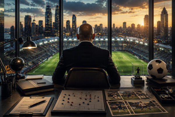 Ali Barat di spalle nel suo ufficio mentre osserva uno stadio di calcio, immagine che rappresenta il lavoro dell'agente sportivo nel calciomercato internazionale.