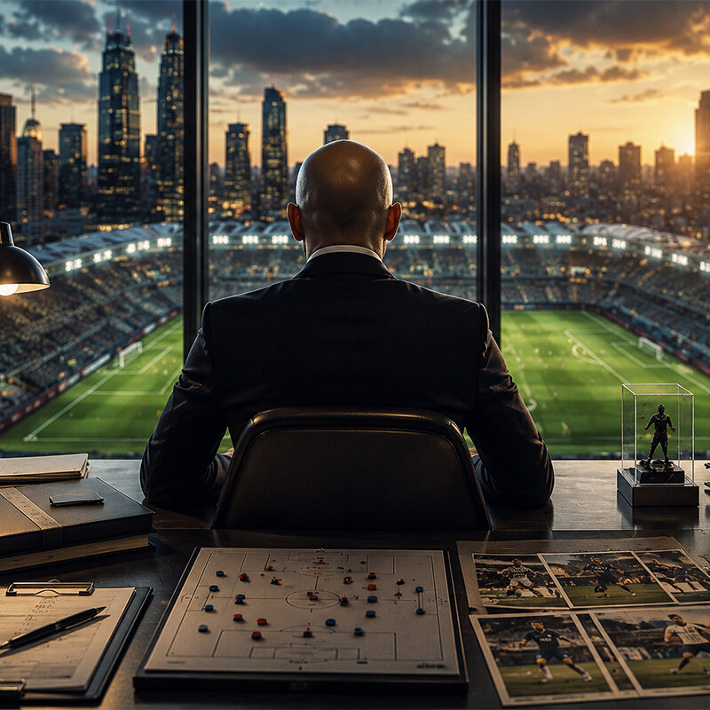 Ali Barat di spalle nel suo ufficio mentre osserva uno stadio di calcio, immagine che rappresenta il lavoro dell'agente sportivo nel calciomercato internazionale.