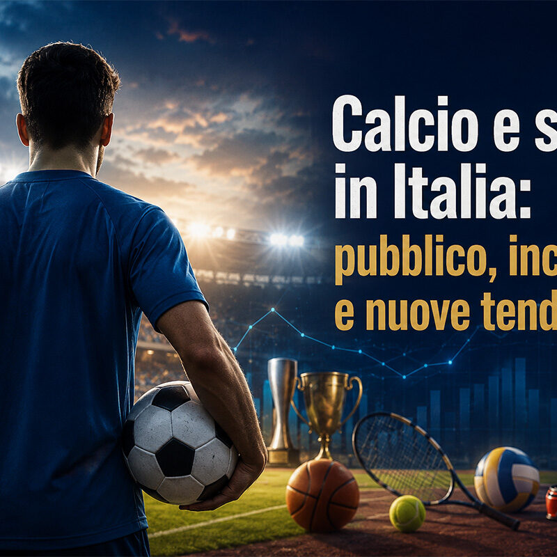 Calcio e sport in uno stadio con atleta di spalle e attrezzature sportive che rappresentano pubblico, incassi e nuove tendenze in Italia
