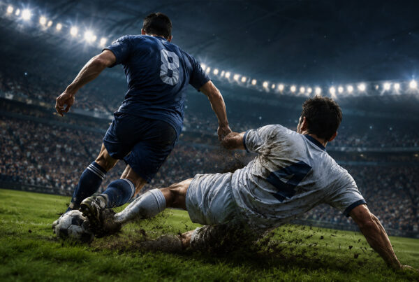 Tackle nel calcio durante una partita in notturna, con un difensore in scivolata che recupera il pallone e un avversario in corsa su un campo illuminato.