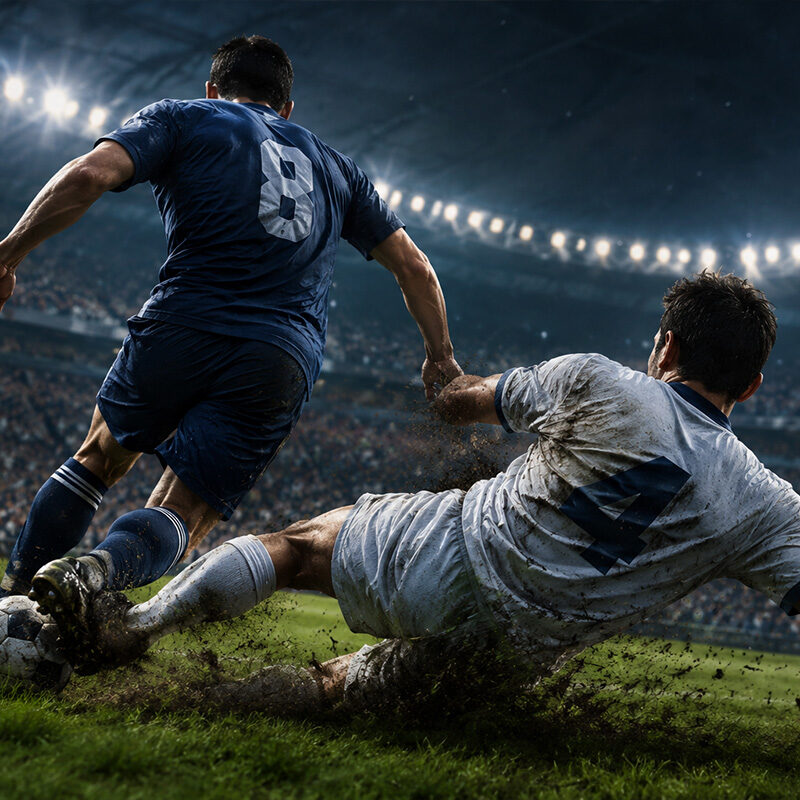 Tackle nel calcio durante una partita in notturna, con un difensore in scivolata che recupera il pallone e un avversario in corsa su un campo illuminato.