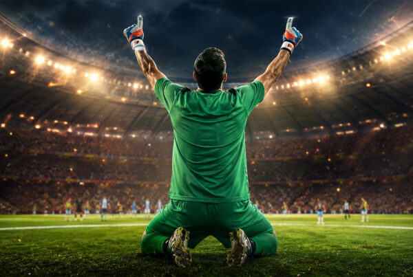 Dibu Martinez di spalle esulta in uno stadio illuminato dopo una parata decisiva, immagine sportiva iperrealistica ispirata alla carriera del portiere argentino.