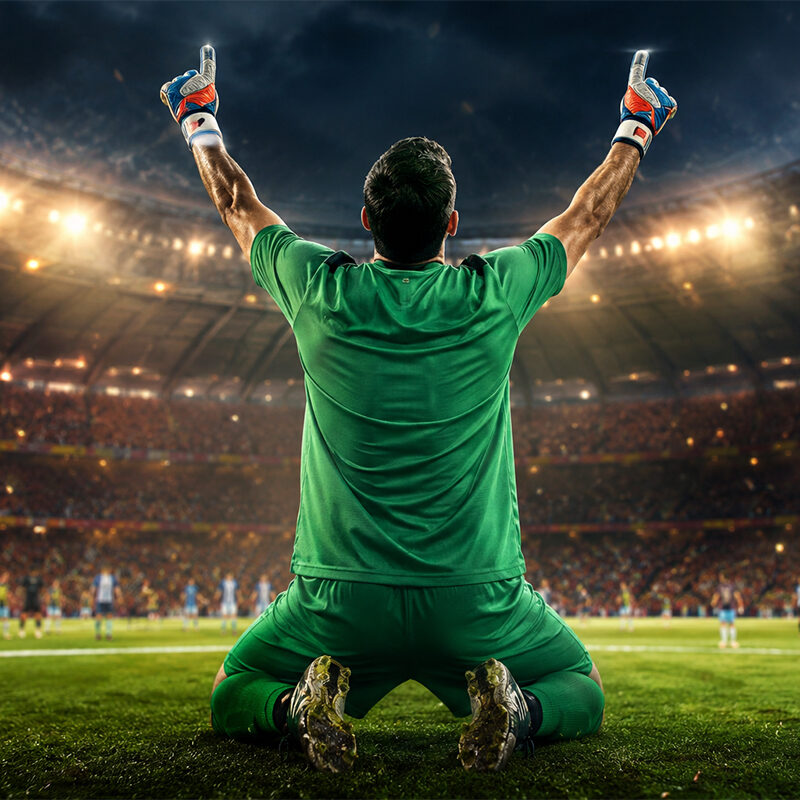 Dibu Martinez di spalle esulta in uno stadio illuminato dopo una parata decisiva, immagine sportiva iperrealistica ispirata alla carriera del portiere argentino.