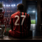 Divock Origi di spalle in uno stadio illuminato, tra trofei europei e uno spogliatoio vuoto, simbolo del passaggio dalla gloria al declino della sua carriera calcistica.