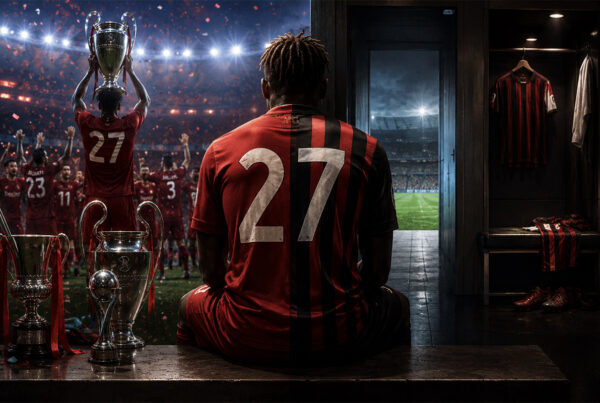 Divock Origi di spalle in uno stadio illuminato, tra trofei europei e uno spogliatoio vuoto, simbolo del passaggio dalla gloria al declino della sua carriera calcistica.