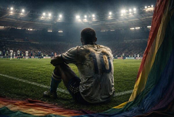 Fashanu rappresentato di spalle in uno stadio illuminato, seduto a bordo campo durante una partita, simbolo della lotta contro pregiudizi e discriminazioni nel calcio.