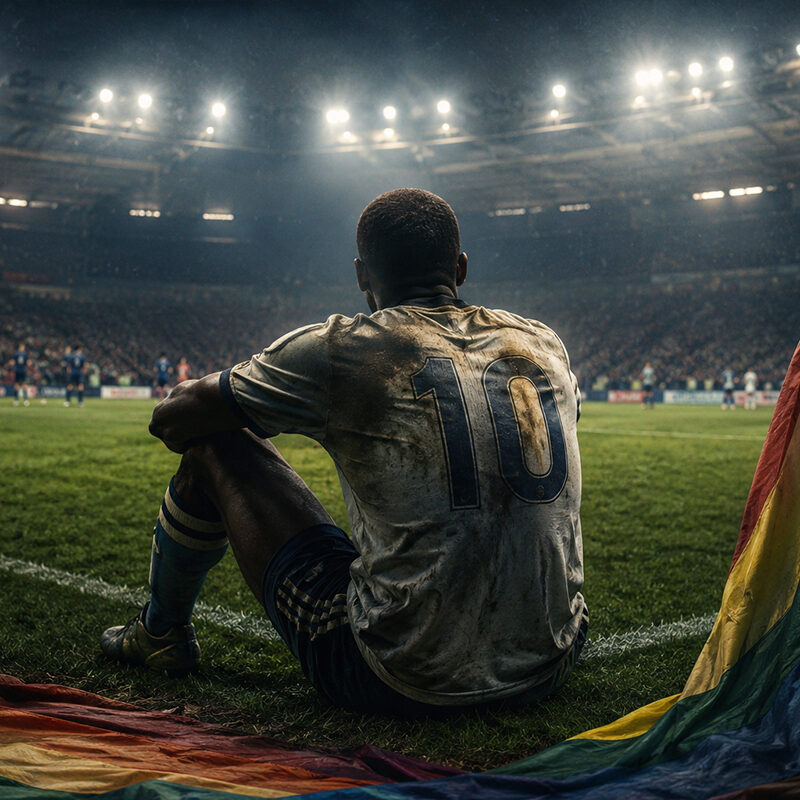 Fashanu rappresentato di spalle in uno stadio illuminato, seduto a bordo campo durante una partita, simbolo della lotta contro pregiudizi e discriminazioni nel calcio.