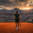 Flavio Cobolli osserva il campo in terra battuta durante una finale internazionale, ritratto di spalle in uno stadio gremito al tramonto, simbolo della sua crescita nel tennis mondiale.