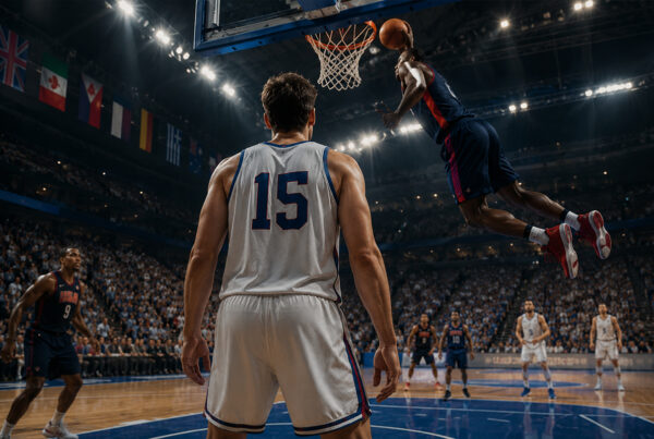 Frederic Weis osserva di spalle un'azione spettacolare di basket durante una partita internazionale in un'arena gremita di tifosi.