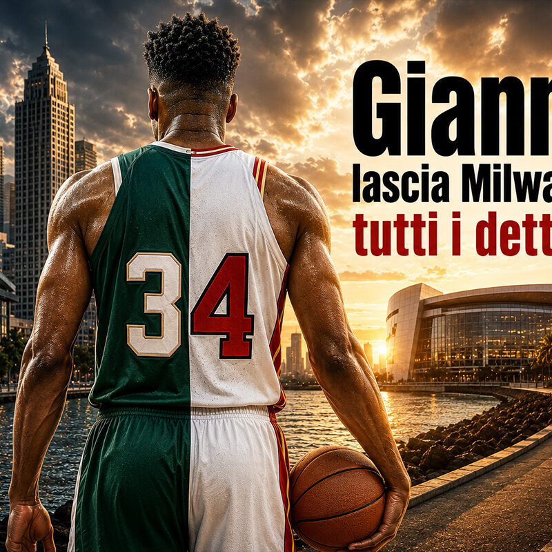 Giannis di spalle con la maglia numero 34 tra Milwaukee e Miami in un'illustrazione sportiva iperrealistica che rappresenta la trade NBA tra Bucks e Heat.