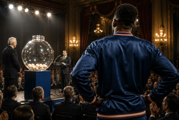 Ewing osserva di spalle l'estrazione della Lottery NBA in una sala elegante, in una scena che richiama il mistero e le polemiche legate al Draft del 1985.