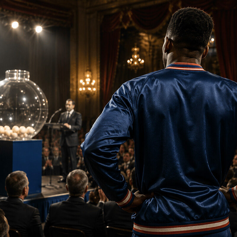 Ewing osserva di spalle l'estrazione della Lottery NBA in una sala elegante, in una scena che richiama il mistero e le polemiche legate al Draft del 1985.