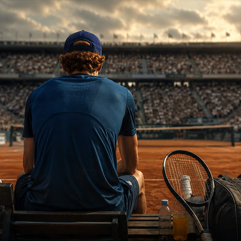 Tennista di spalle seduto a bordo campo su un campo in terra rossa, immagine che rappresenta il limite dei campioni tra pressione, fatica mentale e ricerca della perfezione sportiva.