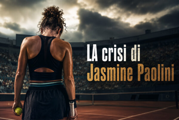 La crisi di Jasmine Paolini: tennista di spalle su un campo da tennis durante un momento difficile della stagione, immagine illustrata realistica.