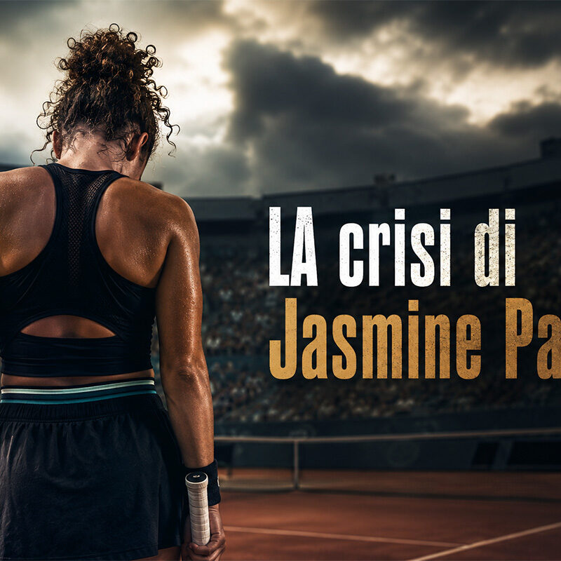 La crisi di Jasmine Paolini: tennista di spalle su un campo da tennis durante un momento difficile della stagione, immagine illustrata realistica.