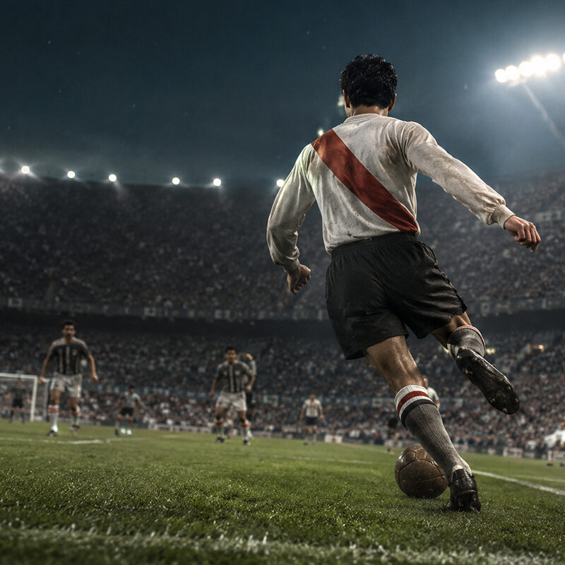Juan Carlos Munoz mentre corre sulla fascia e prepara un cross durante una partita del River Plate in uno stadio gremito di tifosi