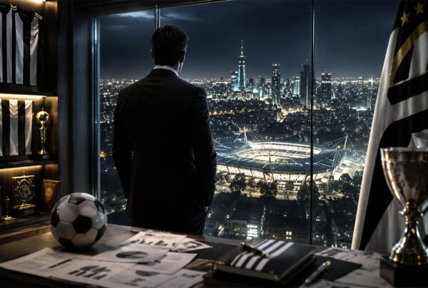 Juventus mercato 2026, dirigente osserva uno stadio illuminato dall'alto in un ufficio moderno, simbolo delle strategie finanziarie e dei futuri investimenti del club bianconero.