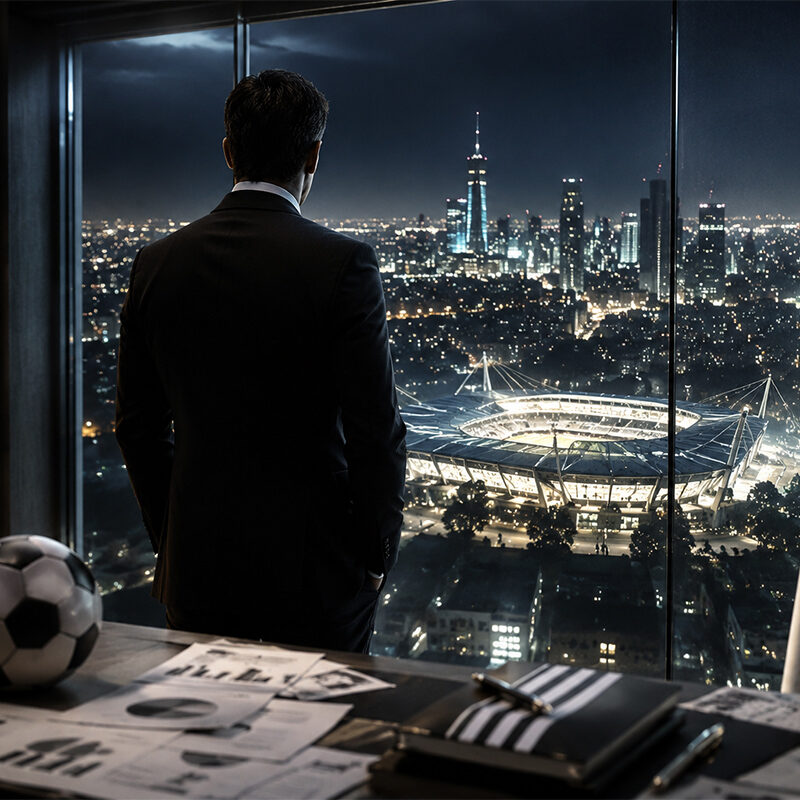 Juventus mercato 2026, dirigente osserva uno stadio illuminato dall'alto in un ufficio moderno, simbolo delle strategie finanziarie e dei futuri investimenti del club bianconero.