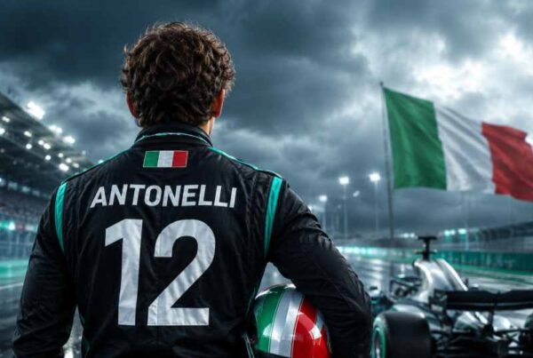 Kimi Antonelli posizione in classifica da leader del Mondiale Formula 1 2026 in una grafica sportiva con il pilota italiano ripreso di spalle accanto a una monoposto dai colori argento e turchese. Sullo sfondo sventola il tricolore italiano mentre il nome Antonelli e il numero 12 dominano la scena, simbolo della sua prima posizione nella classifica piloti F1 2026 con Mercedes.