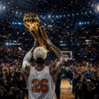 Knicks campioni NBA celebrano il titolo con un giocatore di spalle che alza il trofeo davanti ai tifosi in festa in un'arena gremita.