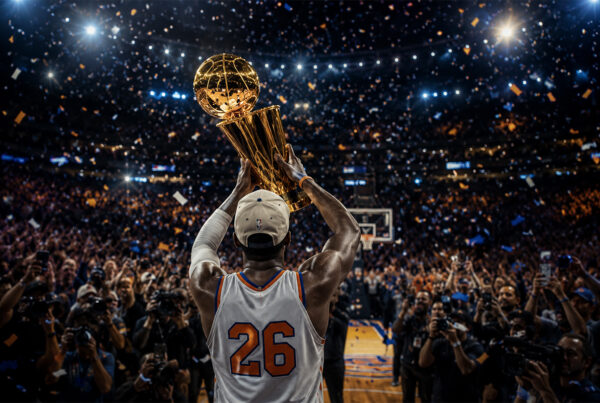 Knicks campioni NBA celebrano il titolo con un giocatore di spalle che alza il trofeo davanti ai tifosi in festa in un'arena gremita.