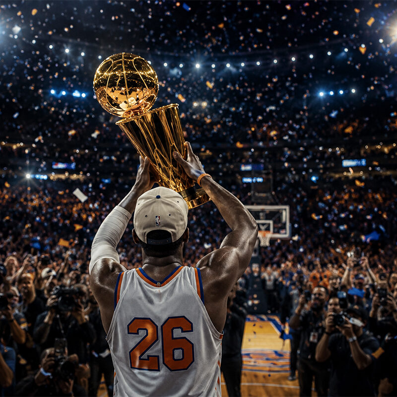 Knicks campioni NBA celebrano il titolo con un giocatore di spalle che alza il trofeo davanti ai tifosi in festa in un'arena gremita.