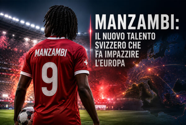 Manzambi di spalle con la maglia numero 9 della Svizzera in uno stadio illuminato, simbolo del nuovo talento svizzero seguito dai top club europei.