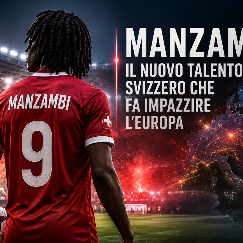 Manzambi di spalle con la maglia numero 9 della Svizzera in uno stadio illuminato, simbolo del nuovo talento svizzero seguito dai top club europei.