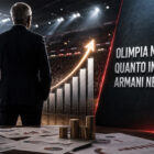 Olimpia Milano rappresentata in un'illustrazione iperrealistica con un dirigente di spalle in un'arena di basket, grafici di crescita e simboli finanziari che richiamano il budget e gli investimenti del club.