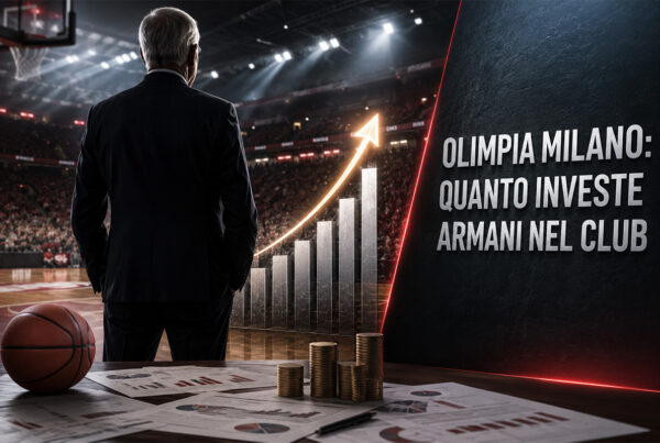 Olimpia Milano rappresentata in un'illustrazione iperrealistica con un dirigente di spalle in un'arena di basket, grafici di crescita e simboli finanziari che richiamano il budget e gli investimenti del club.