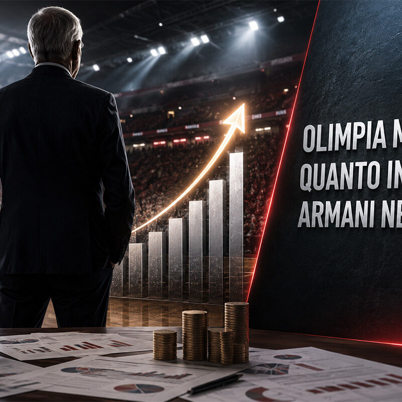 Olimpia Milano rappresentata in un'illustrazione iperrealistica con un dirigente di spalle in un'arena di basket, grafici di crescita e simboli finanziari che richiamano il budget e gli investimenti del club.