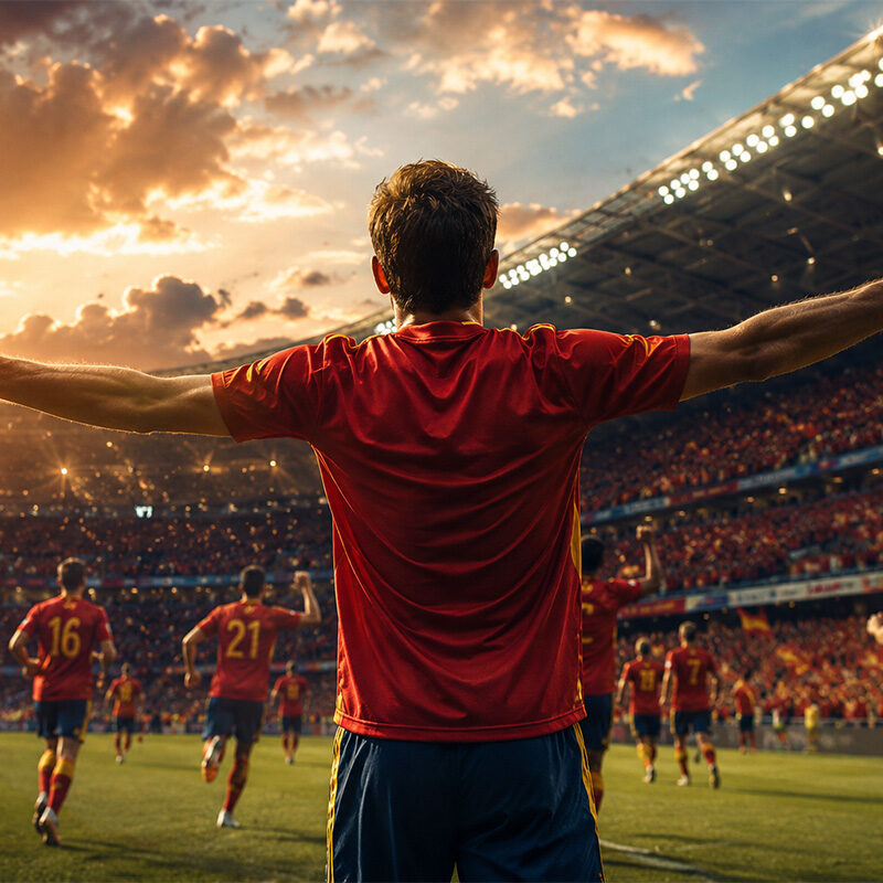 Oyarzabal celebra una vittoria con la Spagna in uno stadio gremito durante una partita del Mondiale, immagine sportiva realistica con calciatore ripreso di spalle.