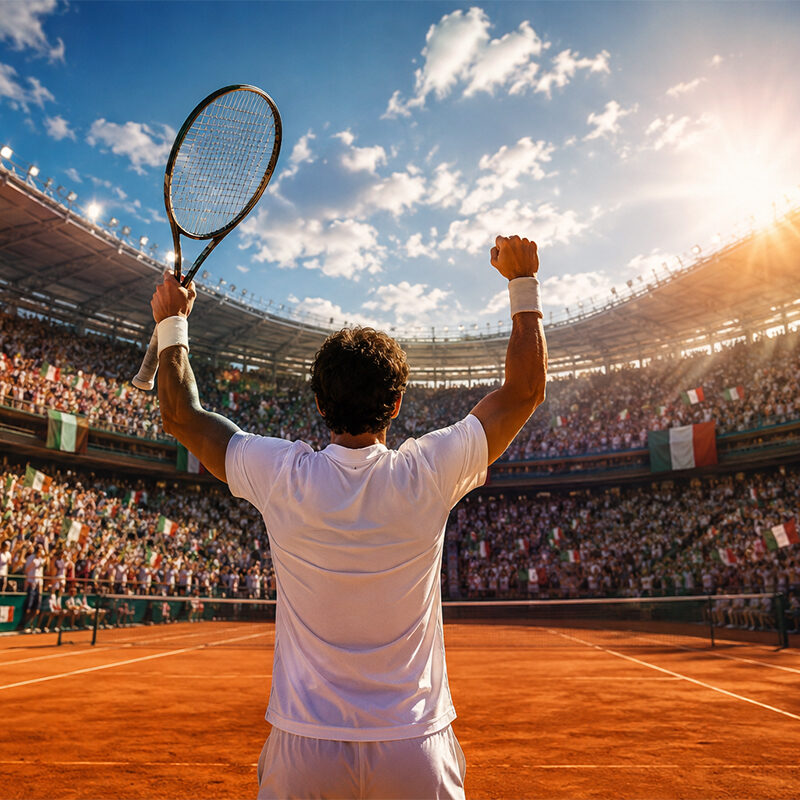Primato Italia tennis, tennista di spalle festeggia una vittoria su un campo in terra rossa davanti a uno stadio gremito con tifosi italiani