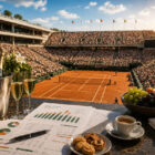 Roland Garros visto da un'area hospitality esclusiva con campo in terra battuta, pubblico sugli spalti e documenti finanziari che rappresentano i ricavi del torneo.