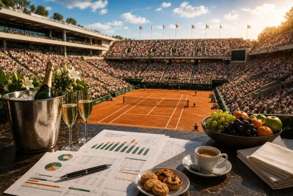 Roland Garros visto da un'area hospitality esclusiva con campo in terra battuta, pubblico sugli spalti e documenti finanziari che rappresentano i ricavi del torneo.