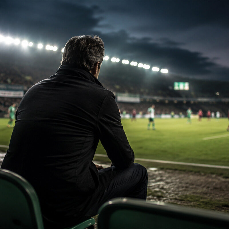 SMS Zeman: allenatore di spalle seduto in panchina durante una partita di calcio serale, immerso nei pensieri mentre osserva il campo illuminato e lo svolgimento della gara.