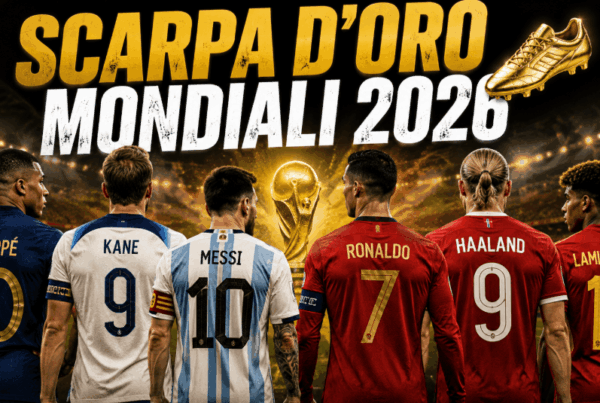Grafica sportiva dedicata alla keyword “Scarpa d’Oro Mondiali 2026” con sei grandi favoriti al titolo di capocannoniere ripresi di spalle in maglia delle rispettive nazionali. Al centro spicca la Coppa del Mondo dorata illuminata dai riflettori dello stadio, mentre in alto compare il titolo “SCARPA D’ORO MONDIALI 2026”. Tra i protagonisti si distinguono giocatori ispirati a Mbappé, Kane, Messi, Ronaldo, Haaland e Lamine Yamal, schierati davanti a un’arena gremita in un’atmosfera da grande evento internazionale.