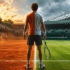 Tennista di spalle tra campo in terra battuta e campo in erba, rappresentazione delle differenze tra le superfici tennis nel circuito professionistico.